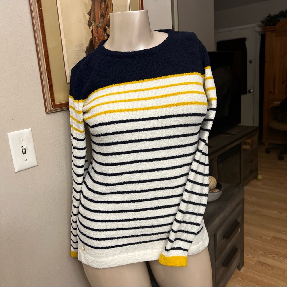 Joules Women's Navy Cream Gold Stripe Fleece Seaham Chenille Sweater Size US 10
